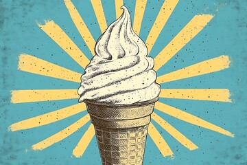 Vintage Soft Serve Ice Cream Cone with Sunburst Background