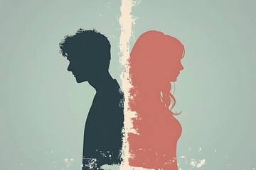 Couple Silhouette Facing Opposite Directions: Marriage Conflict and Separation Concept