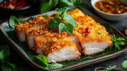 A close-up of fried pork belly slices coated with a crispy, golden crust, topped with fish sauce and served with a garnish of fresh herbs, under soft natural lighting