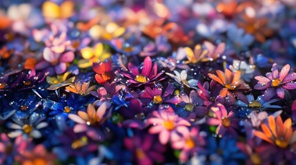 Colorful flowers with water droplets in a garden, for backgrounds and prints