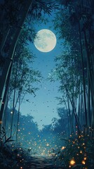 Fototapeta premium Serene Bamboo Forest Moonlight Night Fireflies