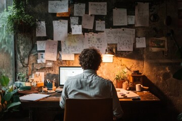 A scriptwriter working on storyboards in a film studio, with a creative mess of sketches and notes scattered around