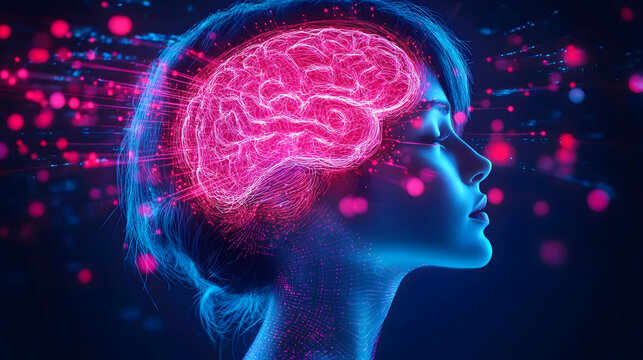 Woman's brain glowing with holographic neural patterns, digital data streams orbiting her head, cyberpunk, neon pink and blue, futuristic AI aesthetics