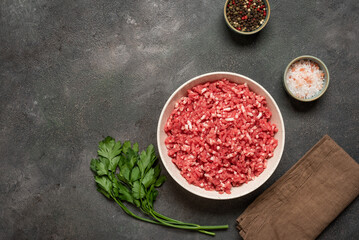 Raw mince beef. Ground meat in bowl with spices on dark grunge background, top view, flat lay, copy space