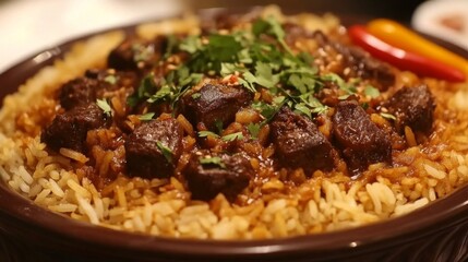 A close-up of rice topped with tender, marinated beef, served in a bowl with a rich brown sauce, garnished with herbs and a few slices of chili on the side