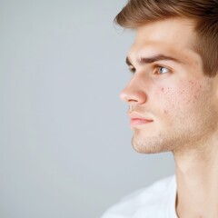 Fototapeta premium Facial skin problems concept. Young man in profile with a thoughtful expression against a soft gray background.
