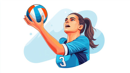 volleyball player in blue jersey prepares to serve ball, showcasing determination and focus. dynamic pose captures excitement of game