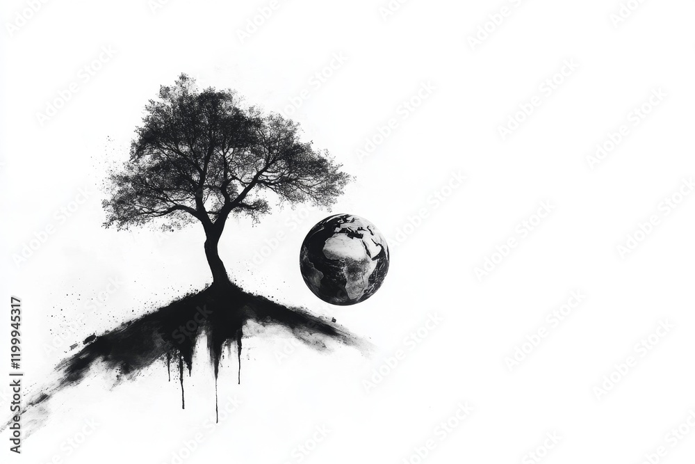 Poster A simple depiction of a tree with a globe forming its canopy, drawn in a clean, modern style on a white background