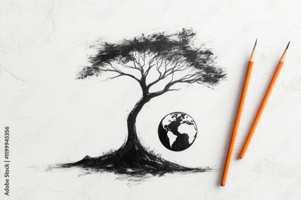 Poster A simple depiction of a tree with a globe forming its canopy, drawn in a clean, modern style on a white background