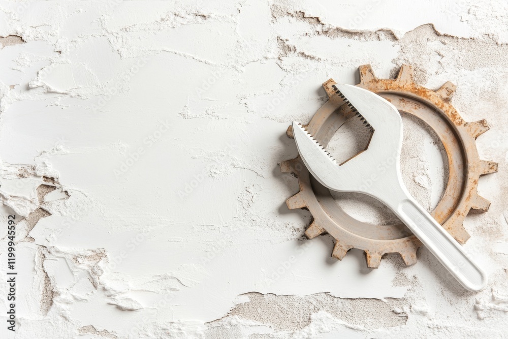 Poster a simple drawing of a wrench resting on a gear, with clean lines and minimal shading, placed on a pl