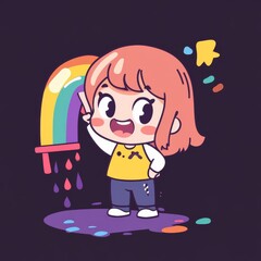 A cheerful cartoon girl happily paints a rainbow, surrounded by colorful splashes, creating a playful and vibrant atmosphere.