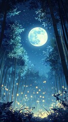 Obraz premium Serene Moonlit Bamboo Forest With Fireflies