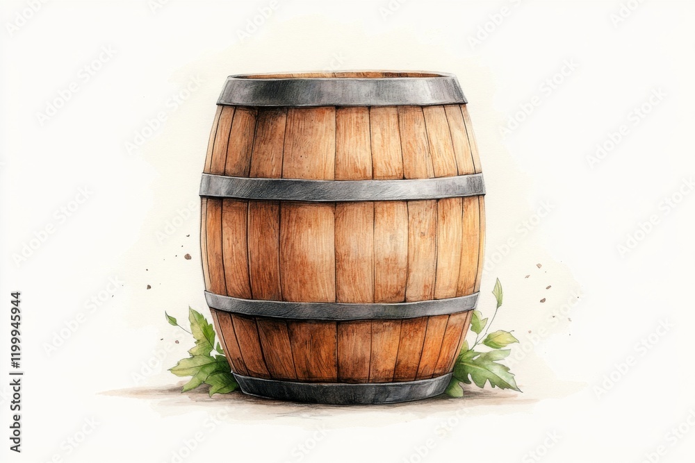 Poster a simple line drawing of a wooden barrel, with subtle shading and muted brown tones on a white backg