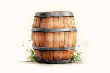 Obraz premium A simple line drawing of a wooden barrel, with subtle shading and muted brown tones on a white background