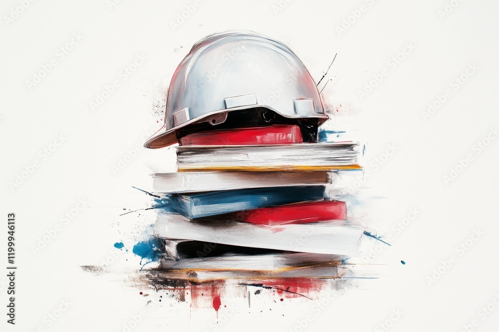 Poster a single construction helmet placed on top of a stack of blueprints, depicted in a simple, sleek sty
