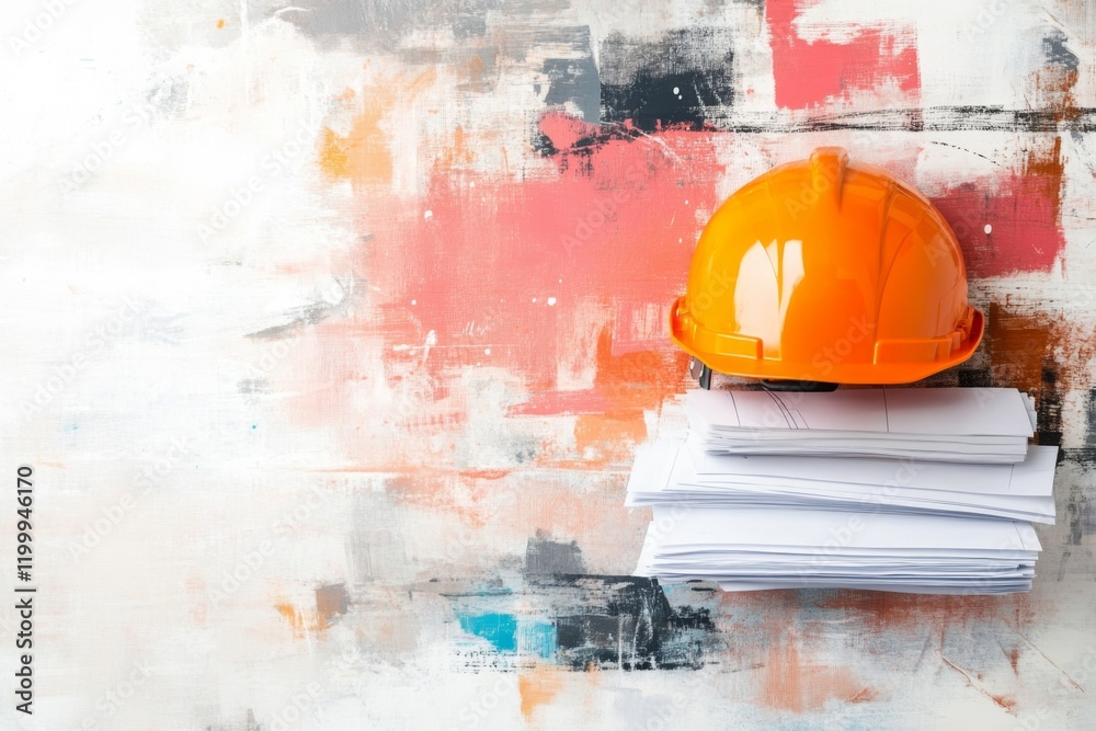 Poster a single construction helmet placed on top of a stack of blueprints, depicted in a simple, sleek sty