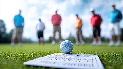 Golf training session with senior golfers focusing on technique and strategy. golf ball and training sheet are in foreground, while players observe in background