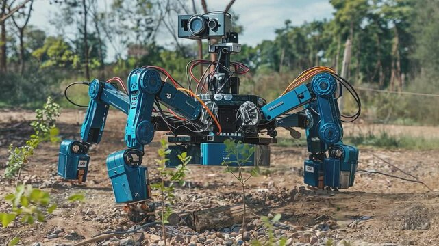 The Future of Robotics: A close-up view of a blue, multi-legged robotic spider exploring the natural world, with wires and a camera system visible.