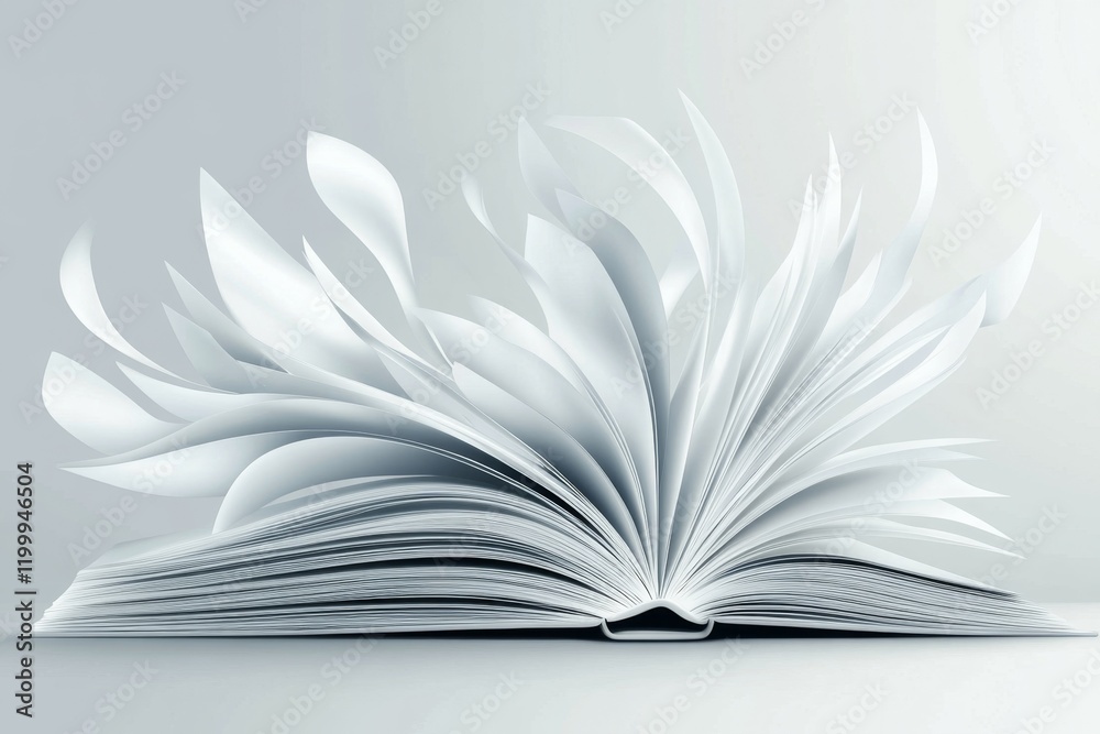 Poster A sleek vector depiction of an open book with simple, flowing lines, placed on a plain, muted background