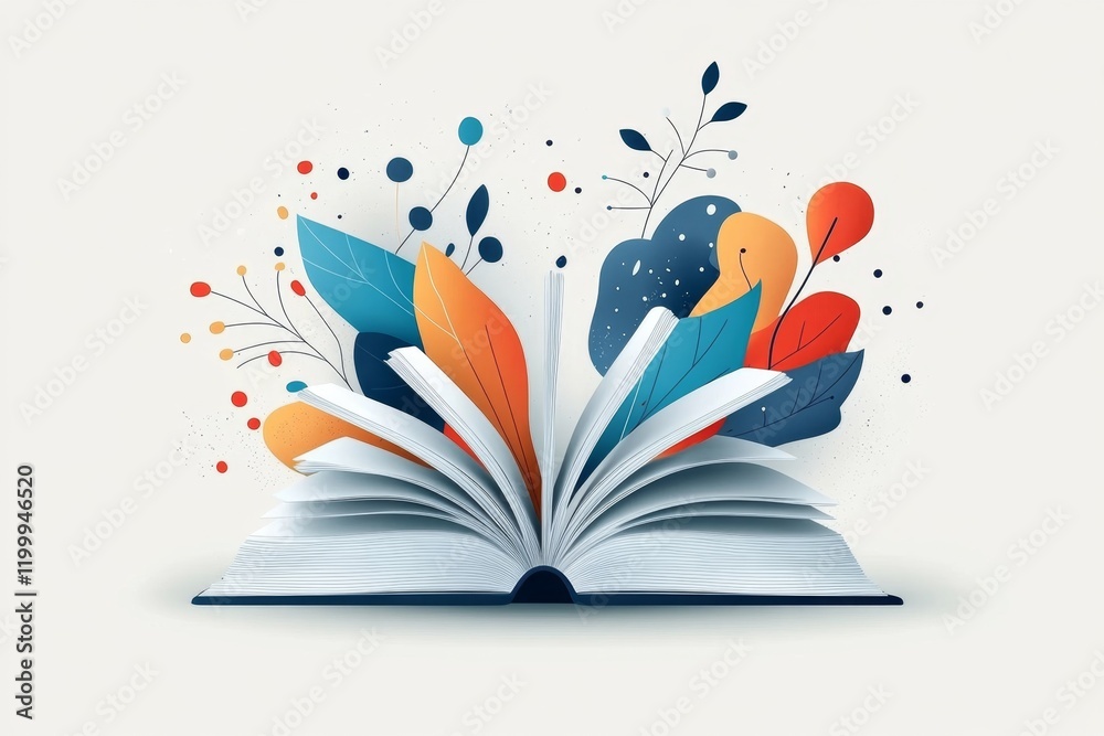Poster A sleek vector depiction of an open book with simple, flowing lines, placed on a plain, muted background