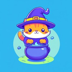 Fototapeta premium A cute orange cat wearing a purple witch hat stirs a bubbling cauldron, set against a bright blue background.