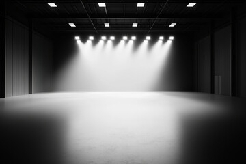 Bright lights illuminate an empty stage in a spacious performance area