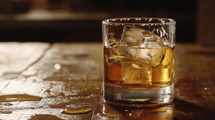 A cold, chilled glass of beer with ice cubes, placed on a wooden table with droplets of condensation on the glass and soft natural lighting accentuating its refreshment