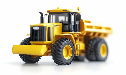 Fototapeta premium Yellow toy dumper truck studio shot, white background