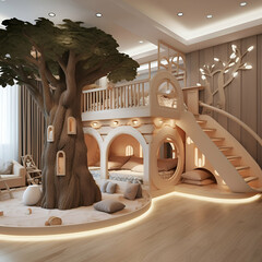 Interior of a children's room with a fairy-tale tree in the play area and a two-story wooden bed with a ladder.