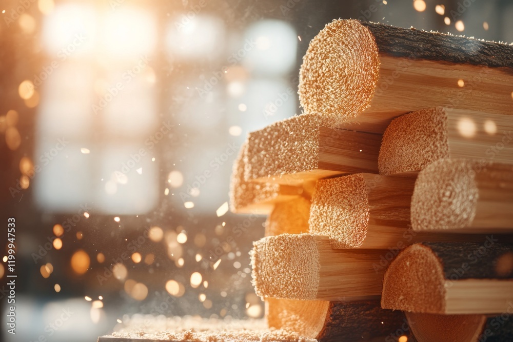 Poster a stack of freshly cut lumber in a sawmill, with visible textures of the wood and light filtering th