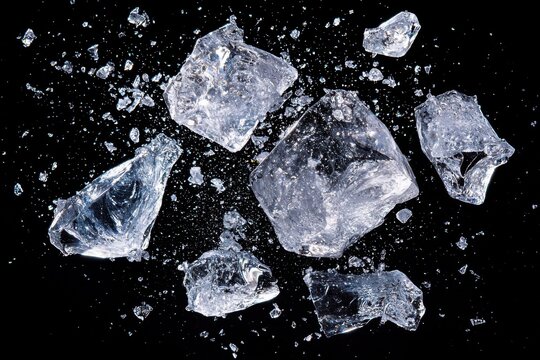 Ice Shattering into Pieces Against a Black Background