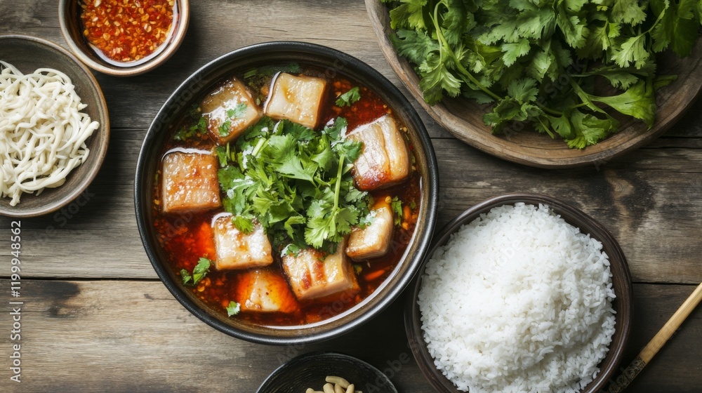 Aufkleber a cozy setting featuring a serving of pork belly with fish sauce, garnished with fresh herbs and acc