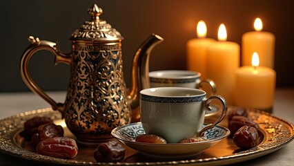 Fototapeta premium A traditional Arabian coffee pot and cups on a decorative tray