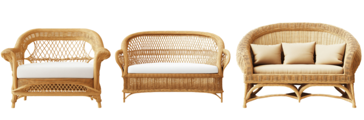  3 different rattan sofas, transparent background png 