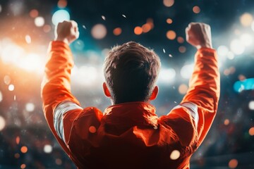 A victorious athlete raising a gold medal high in the air on a podium, surrounded by cheering spectators and confetti