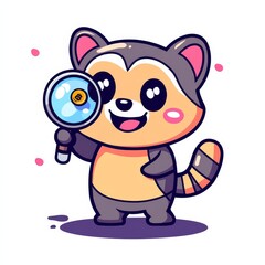 Obraz premium A cute cartoon raccoon character holding a magnifying glass, smiling joyfully against a colorful background.