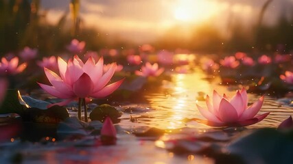 A serene pond filled with blooming pink lotus flowers at sunset, reflecting warm golden light over the water.