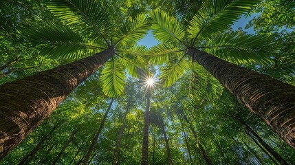 Naklejka premium Lush tropical forest with sunlight filtering through palm leaves in the early afternoon