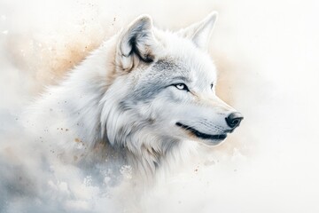 Obraz premium A watercolor painting of a wolf in mid-howl, with soft blends of gray and white tones set against a dreamy, starry background