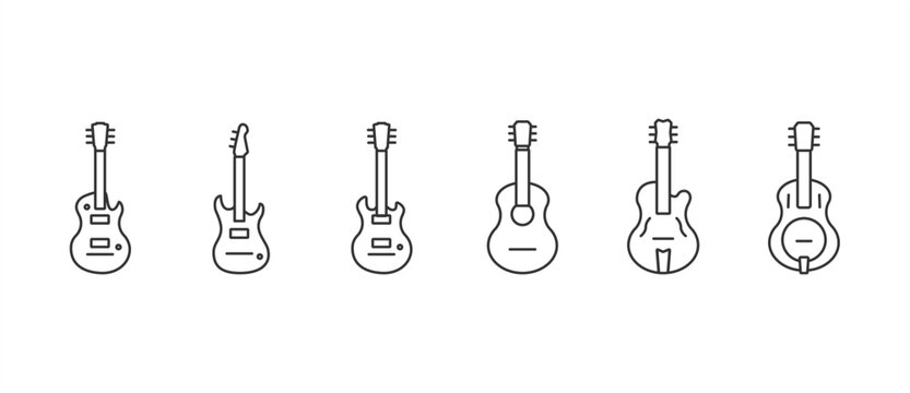 Simple Guitar, bass guitar icon set. Acoustic and electric musical instrument symbol. Line icon of guitar, bass guitar acoustic and electric vector illustration in transparent background. Editable