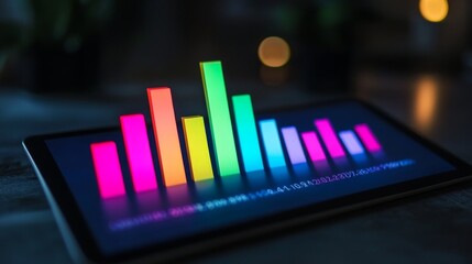 A digital bar graph on a tablet screen showing financial data with colorful rising bars against a dark background, symbolizing increasing profits