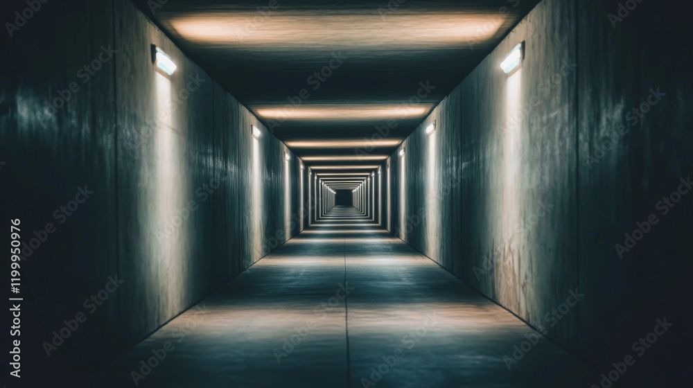 Leinwandbilder A dimly lit subway tunnel with smooth concrete walls and track rails leading into the distance, illuminated by soft lights along the walls, creating a mysterious atmosphere