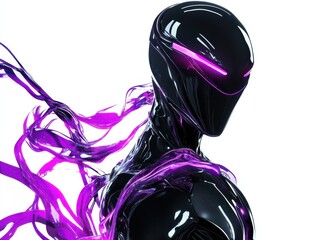A sleek futuristic figure, neon-purple and cyan energy trails flowing from a polished black metallic suit, standing against a pristine white background