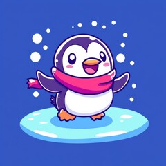 Obraz premium A cute cartoon penguin wearing a red scarf stands on an ice patch, surrounded by falling snowflakes against a blue background.