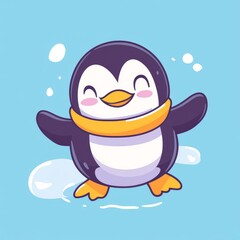 Obraz premium A cheerful cartoon penguin stands happily on ice, wearing a bright yellow scarf, against a light blue background.