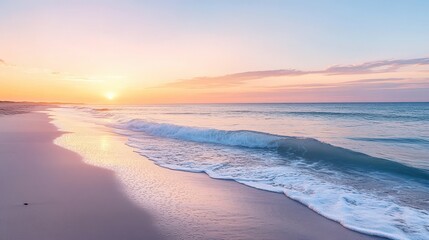Fototapeta premium Beach at sunrise with gentle waves and pastel colors