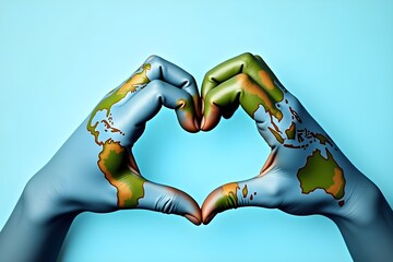 Female hands, painted in the world map, forming heart shape isolated on blue background