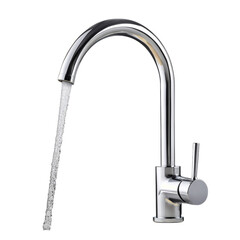 Elegant Chrome Kitchen Faucet with Water Stream Isolated on transparent background