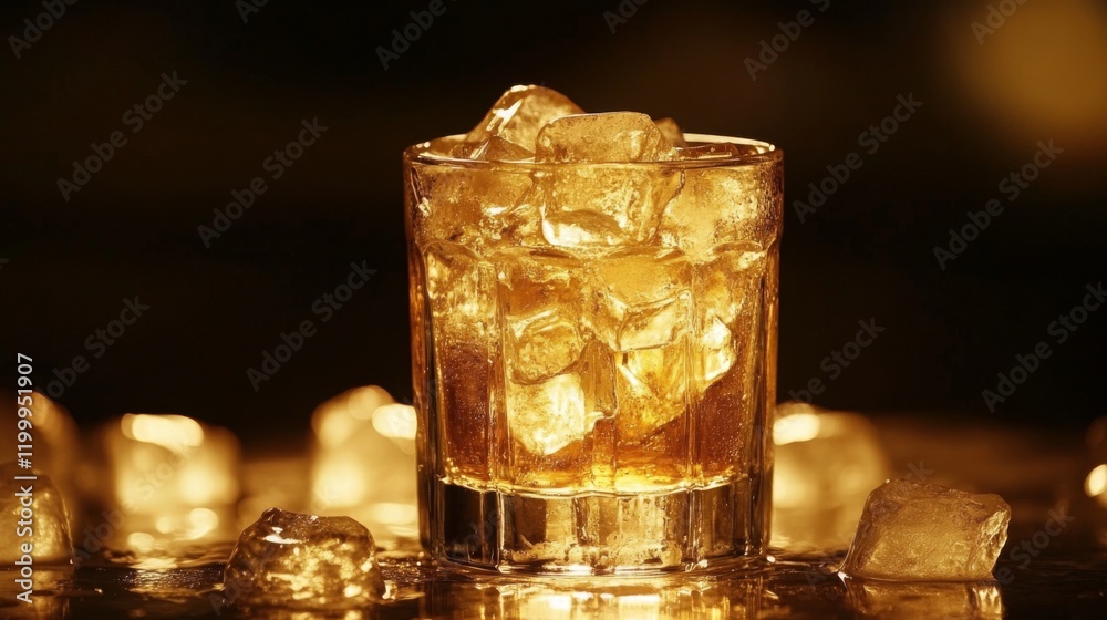 Poster a frosty beer glass filled with ice, set against a dark background with soft lighting emphasizing th