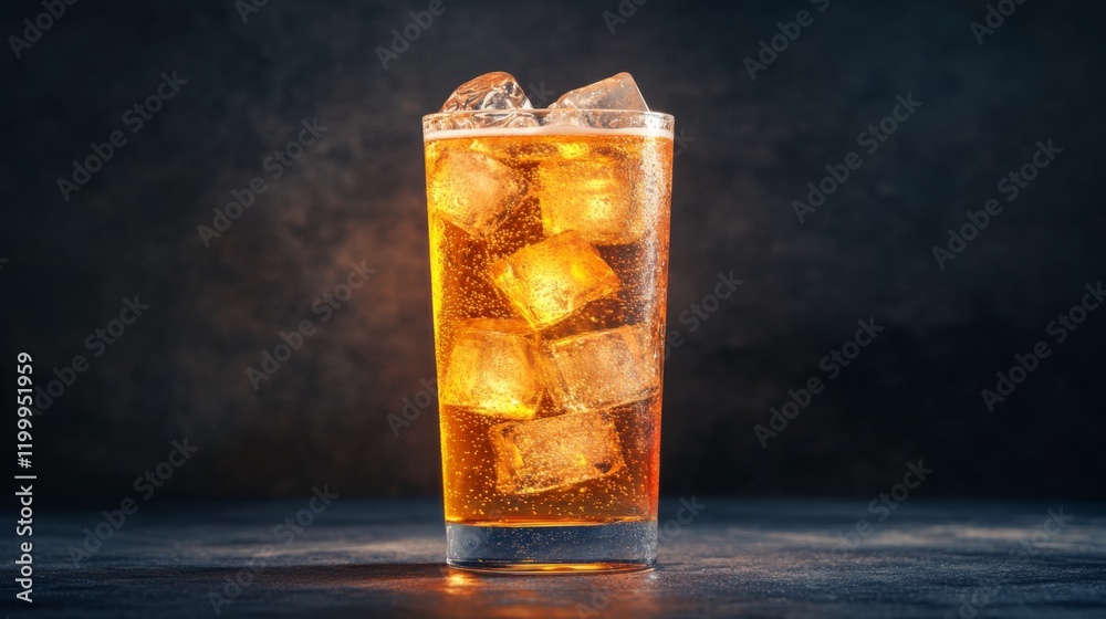 Poster a frosty beer glass filled with ice, set against a dark background with soft lighting emphasizing th